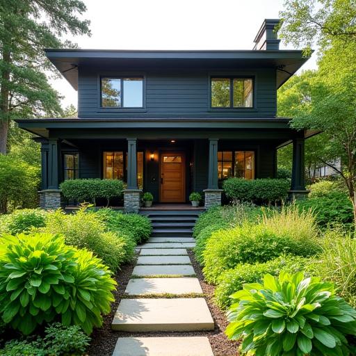 A modern home with a beautiful front-yard vegetable garden.