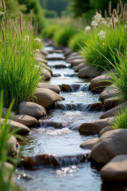 A natural stream bed with native grasses and stones.