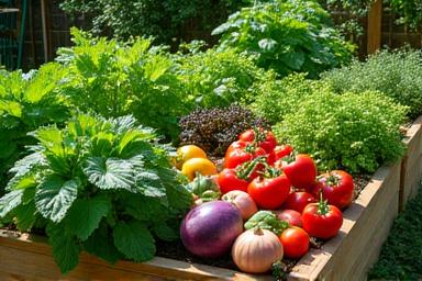 A raised garden bed filled with leafy greens and vegetables.