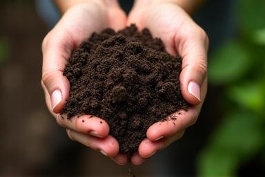 Hands holding rich, dark garden soil.